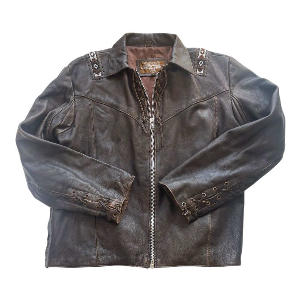 Vtg. Men's Leather Gallery Western Native Boho Lace-up Jacket Brown Beaded Rare - Picture 3 of 15